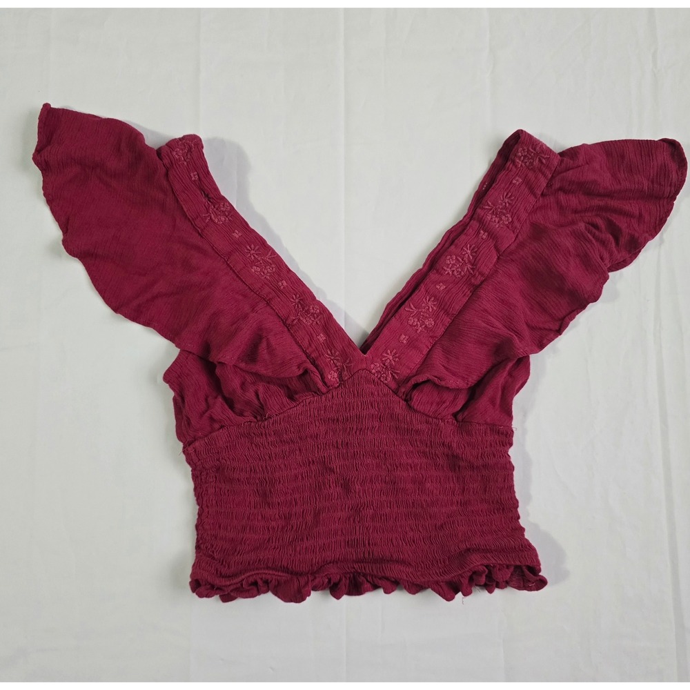 Stradivarius Smocked Crop Top Pink Embroidered Ruffle V-Neck Boho Sleeveless S - Picture 2 of 16